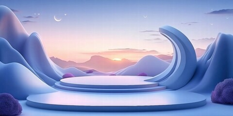 Aufkleber - A serene, stylized landscape with soft hills and a circular stage at sunrise.