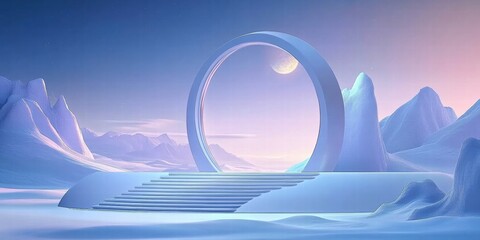 Aufkleber - A serene, futuristic landscape featuring a circular portal amidst snowy mountains and soft lighting.