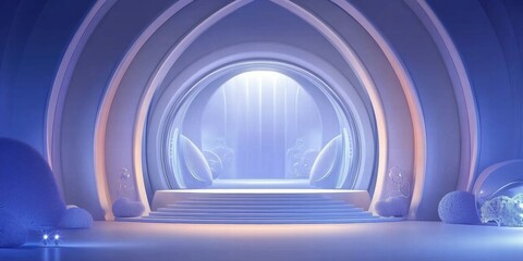 Aufkleber - A serene, futuristic interior with arches, soft lighting, and abstract forms.