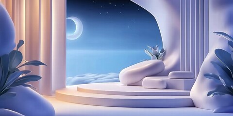 Aufkleber - A serene, stylized landscape with soft curves, pillars, and a moonlit sky.