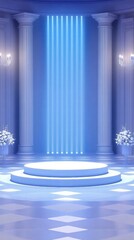 Aufkleber - A serene stage with blue lighting and floral arrangements, ideal for presentations or events.