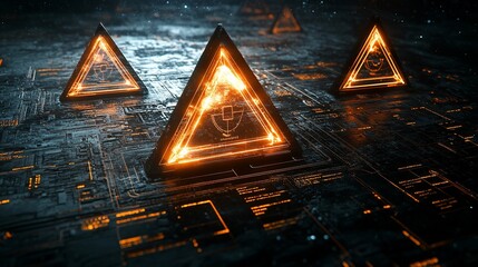 Wall Mural - glowing triangular symbols on a circuit board.