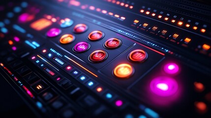 Futuristic control panel with glowing buttons and digital interface.