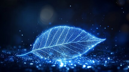Wall Mural - glowing leaf, digital art, blue sparkle.