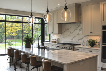 Wall Mural - Modern kitchen island with marble countertop and pendant lighting