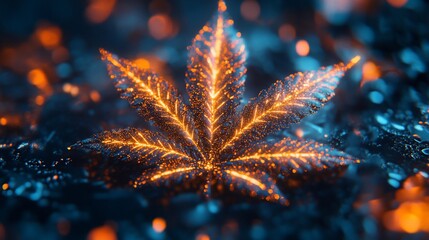 Wall Mural - glowing cannabis leaf on dark background.