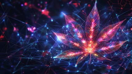 Wall Mural - glowing cannabis leaf in digital network.