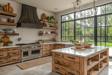 Wall Mural - Rustic Farmhouse Kitchen Design With Large Window