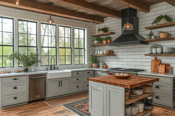 Wall Mural - Farmhouse Kitchen With Rustic Beams And Island