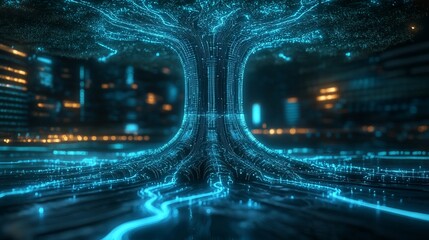 Wall Mural - Glowing digital tree in futuristic city.