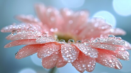 Wall Mural - Close-up of a pink flower covered in dew drops against a blurred background.