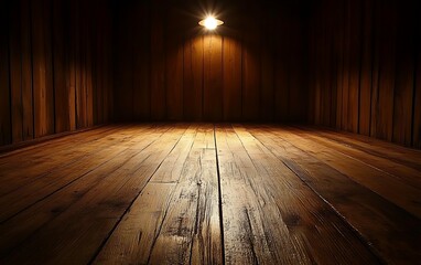 Illuminated wooden room interior; background for product display.