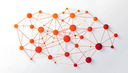white background, gradient red to orange, vector graphic of simple lines and dots connecting the shape of an AI network.
