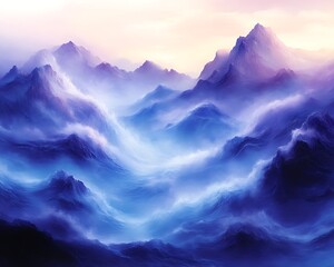 misty purple and blue mountain range at sunrise.