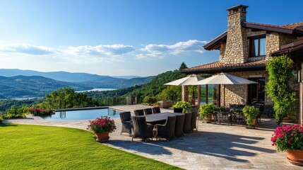 Wall Mural - Luxurious villa with stunning views of hills and outdoor pool surrounded by gardens in serene landscape