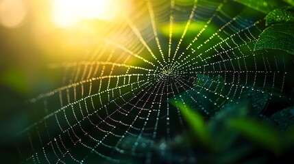 Dew-covered spiderweb at sunrise, intricate design, nature detail.
