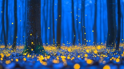 Canvas Print - Enchanting twilight forest scene with fireflies illuminating the forest floor and trees.