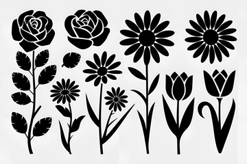 Fototapete - black silhouettes of flowers and plants including roses tulips and stems with leaves in a natural arrangement 