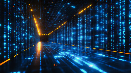 Wall Mural - digital matrix: a mesmerizing, abstract tunnel composed of glowing blue and orange digital data stre