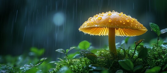 Wall Mural - Luminous yellow mushroom in rain.