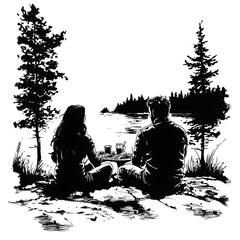 Wall Mural - Romantic Couple Enjoying a Lakeside Picnic in a Black and White Ink Illustration.