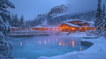 Wall Mural - Luxurious snowy lodge nestled in mountains, reflecting lights on a frozen lake at twilight.