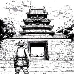 Wall Mural - Black and White Ink Drawing of a Person in Traditional Clothing Approaching a Japanese Castle Gate.