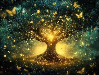 Wall Mural - a hidden glade in an enchanted forest, where a glowing tree of life stands at the center. small wing