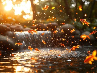 Wall Mural - a hidden waterfall in an enchanted forest, where the water glows softly and flows into a pool filled