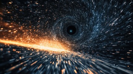 a starry sky with a black hole at the center, showing light curving and stretching due to time dilat