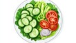 © savittree - A top-down view of a fresh salad with green leaves, tomato wedges, cucumber slices, and onions on a white plate