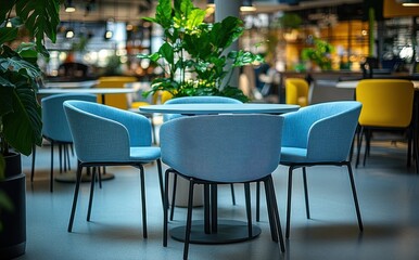 A modern, bright and inviting room with a large table surrounded by chairs