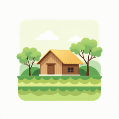 Wall Mural - Cute Cottage House in Green Field Illustration - Minimalist design