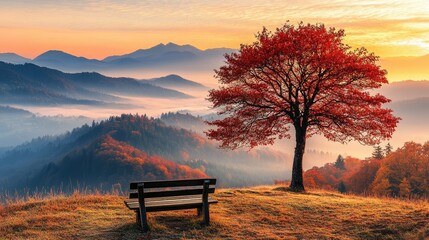 Canvas Print - A vibrant autumn scene with a wooden bench and red-leafed tree on a hilltop, mist-covered mountains stretching into the distance at sunrise