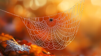 Canvas Print - Dew-covered spiderweb with spider in autumnal forest.