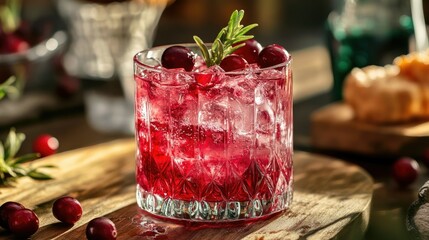 Wall Mural - A vibrant red stream of cranberry syrup swirling as it mixes with water in a crystal-clear glass