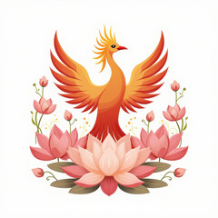 Wall Mural - Phoenix Bird & Lotus Flowers Illustration - Mythical Creatures