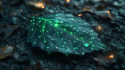 Wall Mural - Glowing circuit lines on a dark leaf on wet ground.