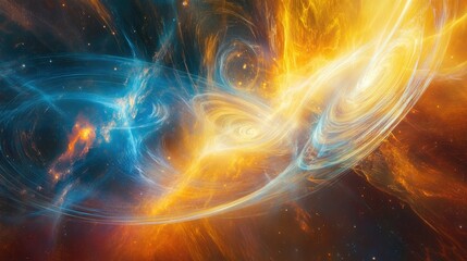 magnetic fields and gravity waves interacting, visualized with electric blue and fiery orange tones,