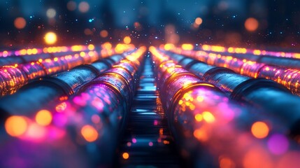Wall Mural - glowing futuristic pipes converging in neon light.