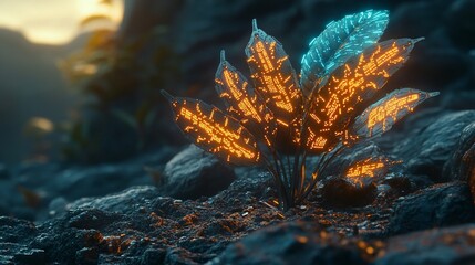 Wall Mural - glowing neon plant growing on dark rocks at sunset.