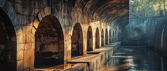 Canvas Print - Ancient stone aqueduct, sunlit water channel, India. Historical background, tourism