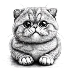 Canvas Print - A Pen and Ink Drawing of an Adorable Exotic Shorthair Kitten Lying Down.