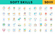 © Gravisio - Soft skills icon set with communication, collaboration, creativity, problem solving, adaptability, leadership, teamwork, time management, decision making, empathy icon. Simple flat color vector