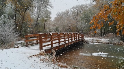 Wall Mural - Snowy autumn scene with wooden bridge over stream.