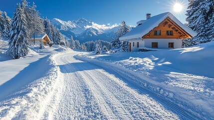 Wall Mural - Snowy mountain road leads to charming winter cabin; sunny day.