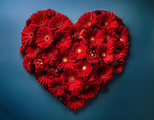 Wall Mural - A heart-shaped arrangement of bright red gerbera daisies creates a romantic design against a dark teal background.	