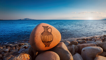 Wall Mural - A painted ancient Greek vase design decorates a smooth stone on a rocky aegean beach