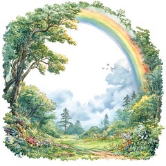 Wall Mural - Watercolor painting of a whimsical landscape featuring a rainbow arching over a lush forest path.