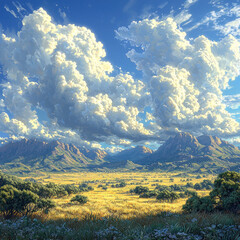 Wall Mural - Sunny valley landscape with mountains, clouds, and scattered trees